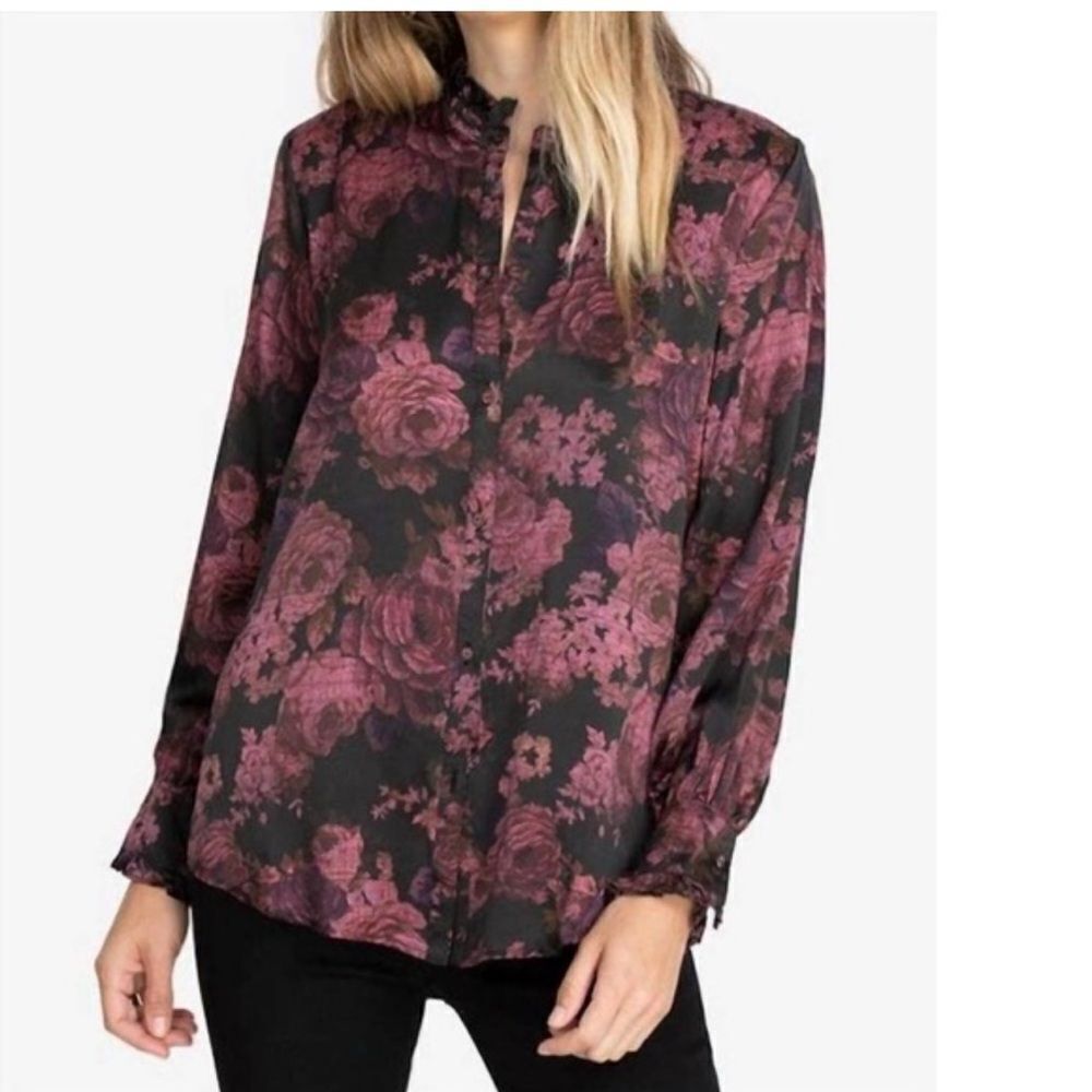 Johnny Was Workshop Silk Floral Print Button Up Top